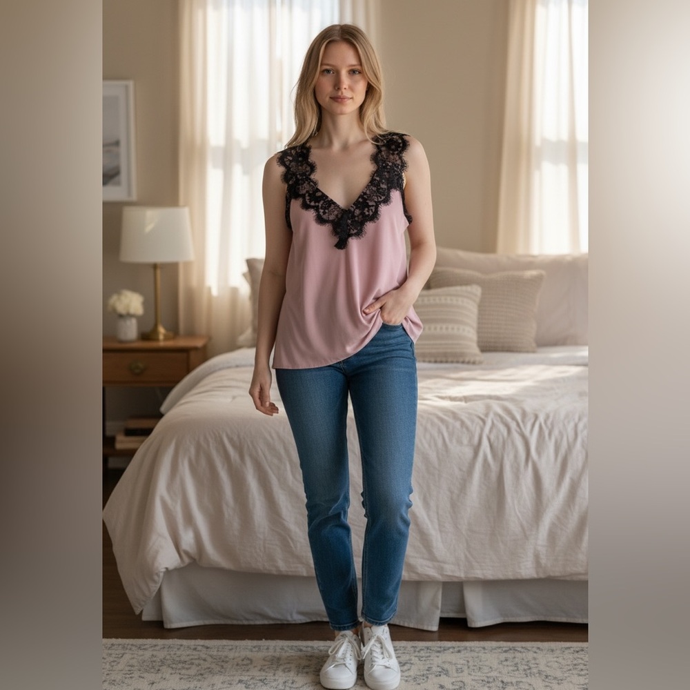 Akaiv Lace-Trim V-Neck Sleep Cami in Dusty Rose
